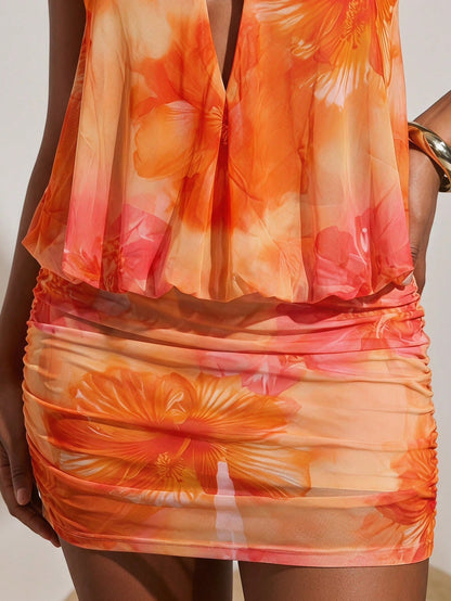Opulessa Women's Summer Floral Print Halter Neck Tie Mini Dress Beach Vacation Orange Red Tropical