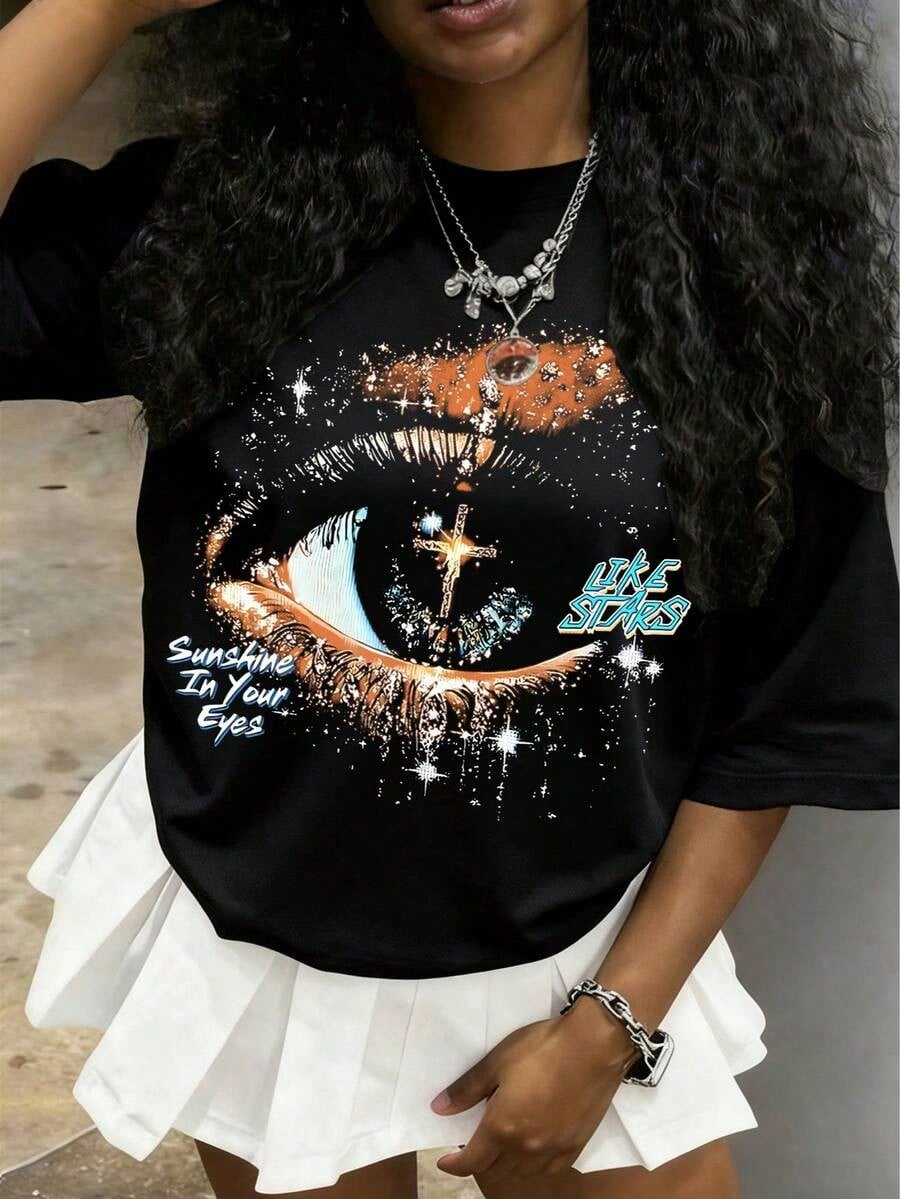 Oversized Y2K-Inspired Letter Print T-Shirt- Casual Crew Neck, Short Sleeve, Machine Washable- Perfect For Spring/Summer/Fall,Fashion Style