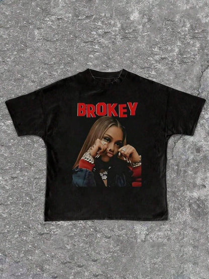 Oversized Y2K-Inspired Letter Print T-Shirt- Casual Crew Neck, Short Sleeve, Machine Washable- Perfect For Spring/Summer/Fall,Fashion Style