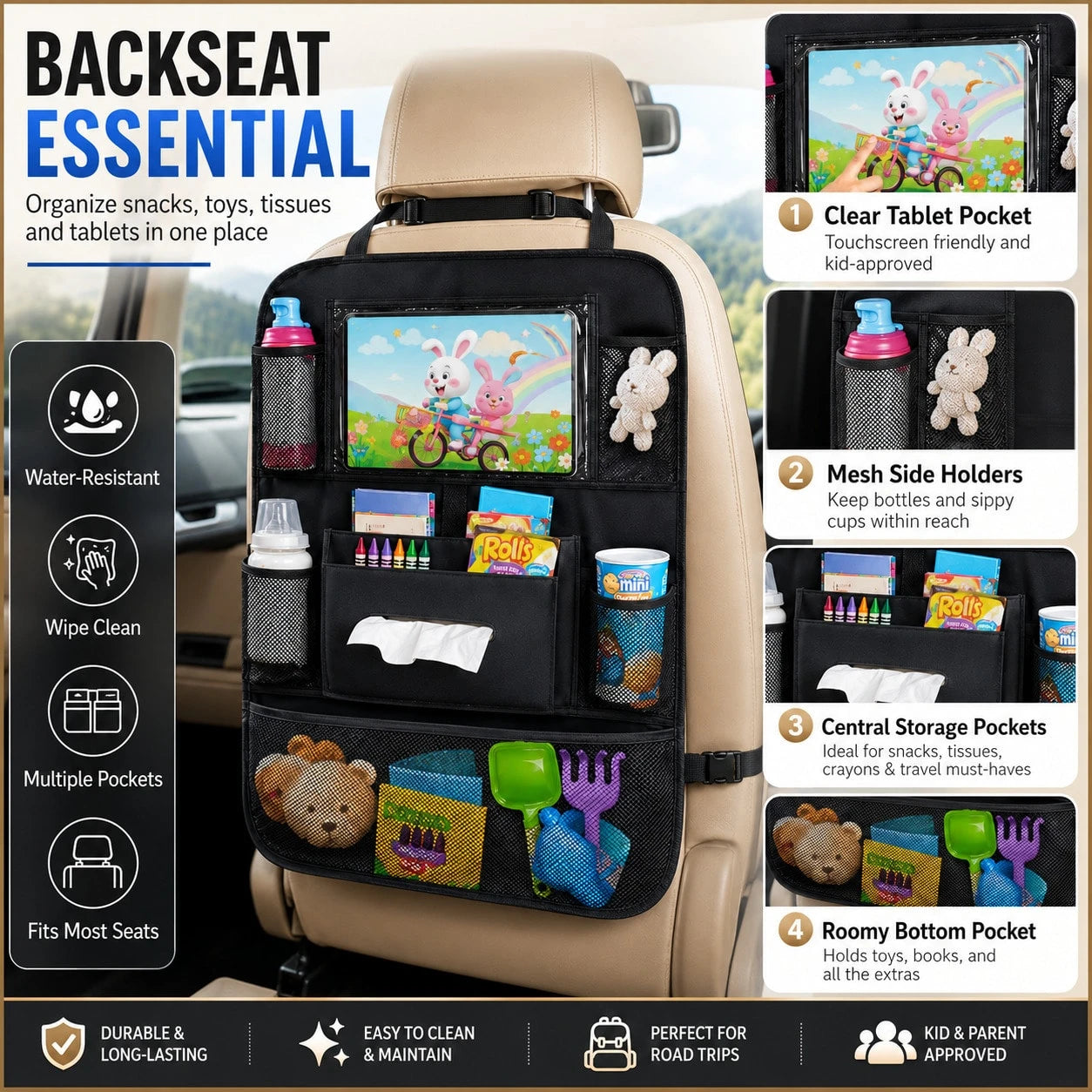 Oxford Cloth Car Seat Back Storage Bag, Hanging Organizer Bag, Large Capacity Wear-Resistant Car Interior Storage Rack
