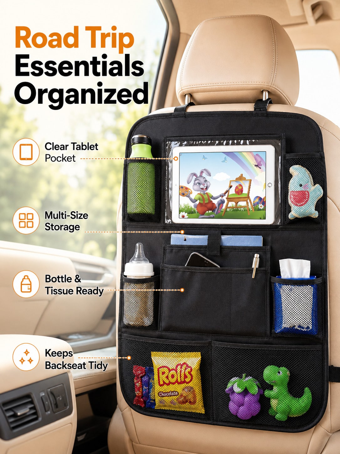 Oxford Cloth Car Seat Back Storage Bag, Hanging Organizer Bag, Large Capacity Wear-Resistant Car Interior Storage Rack