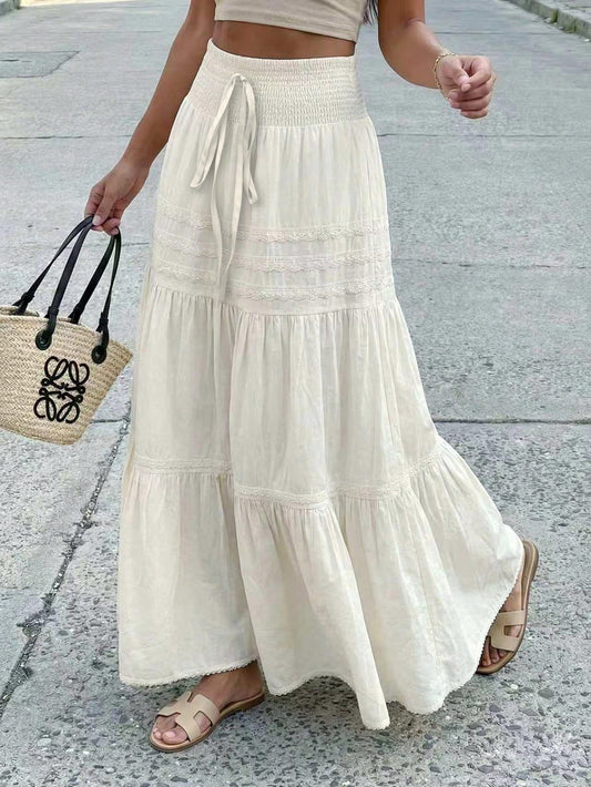 Pariaura Ivory Drawstring Elastic Waist Pleated Flared Skirt Bohemian White Summer Skirt White Maxi Skirt Boho Style Boho White Boho Skirt Skirt For Women
