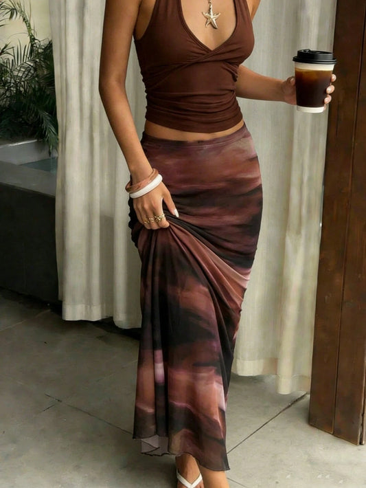 Pariaura Multicolor Fabric Tie Dye Maxi Skirt For Women Featuring A Stylish Ruched Mermaid Design For Casual Wear