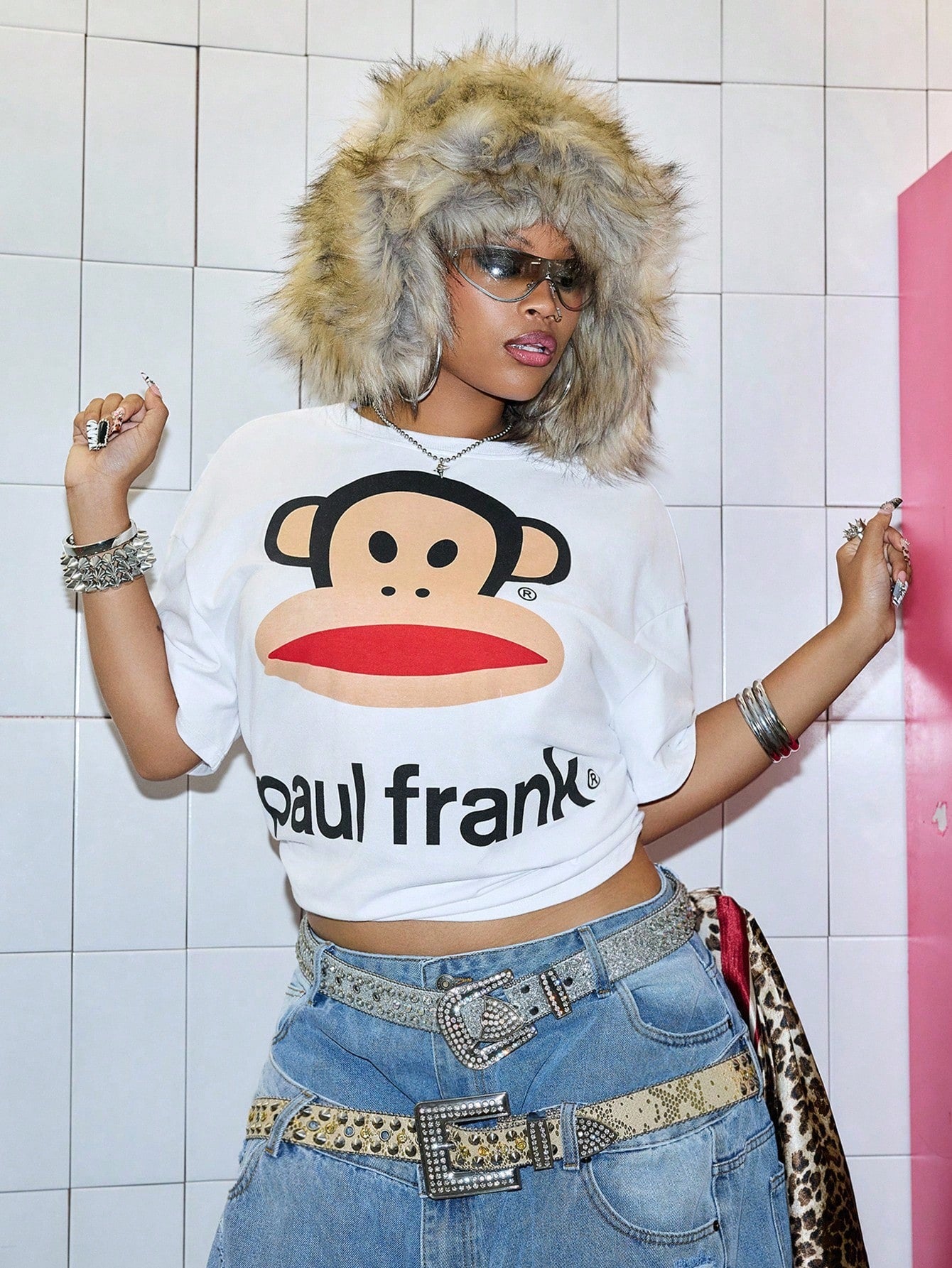 Paul Frank X ROMWE Plus Size Kpop Cute Street Fashion Logo Animal Pattern Women T-Shirt