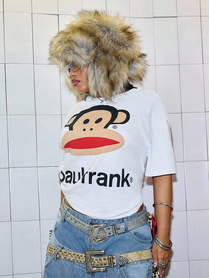 Paul Frank X ROMWE Plus Size Kpop Cute Street Fashion Logo Animal Pattern Women T-Shirt