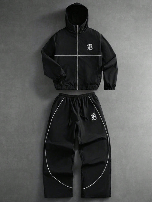 PAVTROS Plus Size Men's Contrast Trim Hooded Zip-Up Jacket And Pants Casual Tracksuit Set,Men's Streetwear