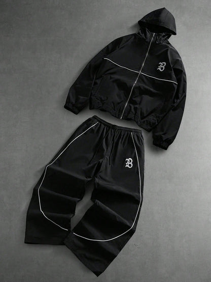 PAVTROS Plus Size Men's Contrast Trim Hooded Zip-Up Jacket And Pants Casual Tracksuit Set,Men's Streetwear