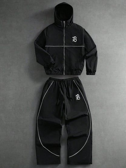 PAVTROS Plus Size Men's Contrast Trim Hooded Zip-Up Jacket And Pants Casual Tracksuit Set,Men's Streetwear