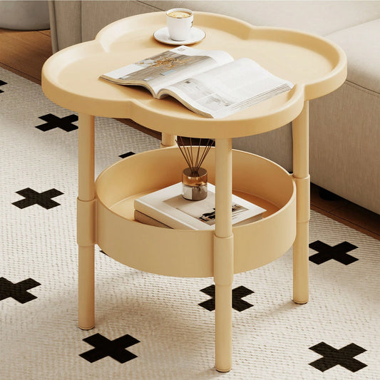 PDZZZD Petal Shaped Double-Layer Edge Table, Creative Flower Shaped Small Round Table, With Storage Layer Board, Lightweight And Durable Plastic Coffee Table