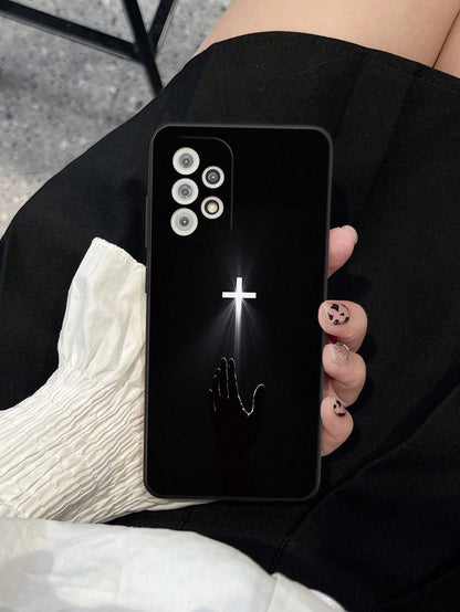 Perforated Straight Edged White Cross Painted Shockproof Phone Case Compatible With Iphone P14 Pro Max, P13, P11, P12, XR, 7/8, GES2; Galaxy S24, A03s, A03 Core, A04, A12, A13, A14, A21s, A22, A23, A2