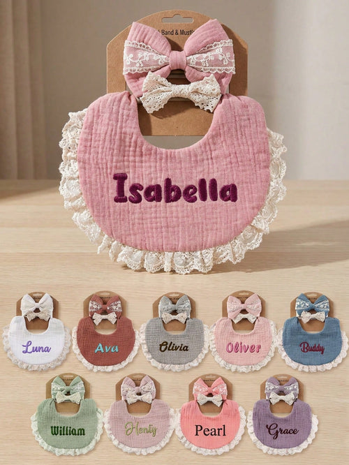 Personalized Baby Gift Set- Embroidered Letter Bibs & Lace Headbands| Newborn Gift Box| Fashionable, Cute, Practical, Spring New Arrival, Baby Shower Gift, For New Moms, For Baby Girl