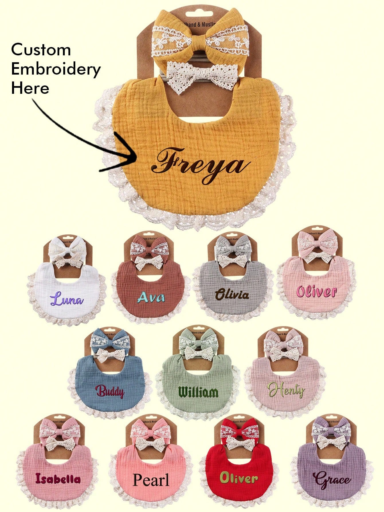 Personalized Baby Gift Set- Embroidered Letter Bibs & Lace Headbands| Newborn Gift Box| Fashionable, Cute, Practical, Spring New Arrival, Baby Shower Gift, For New Moms, For Baby Girl