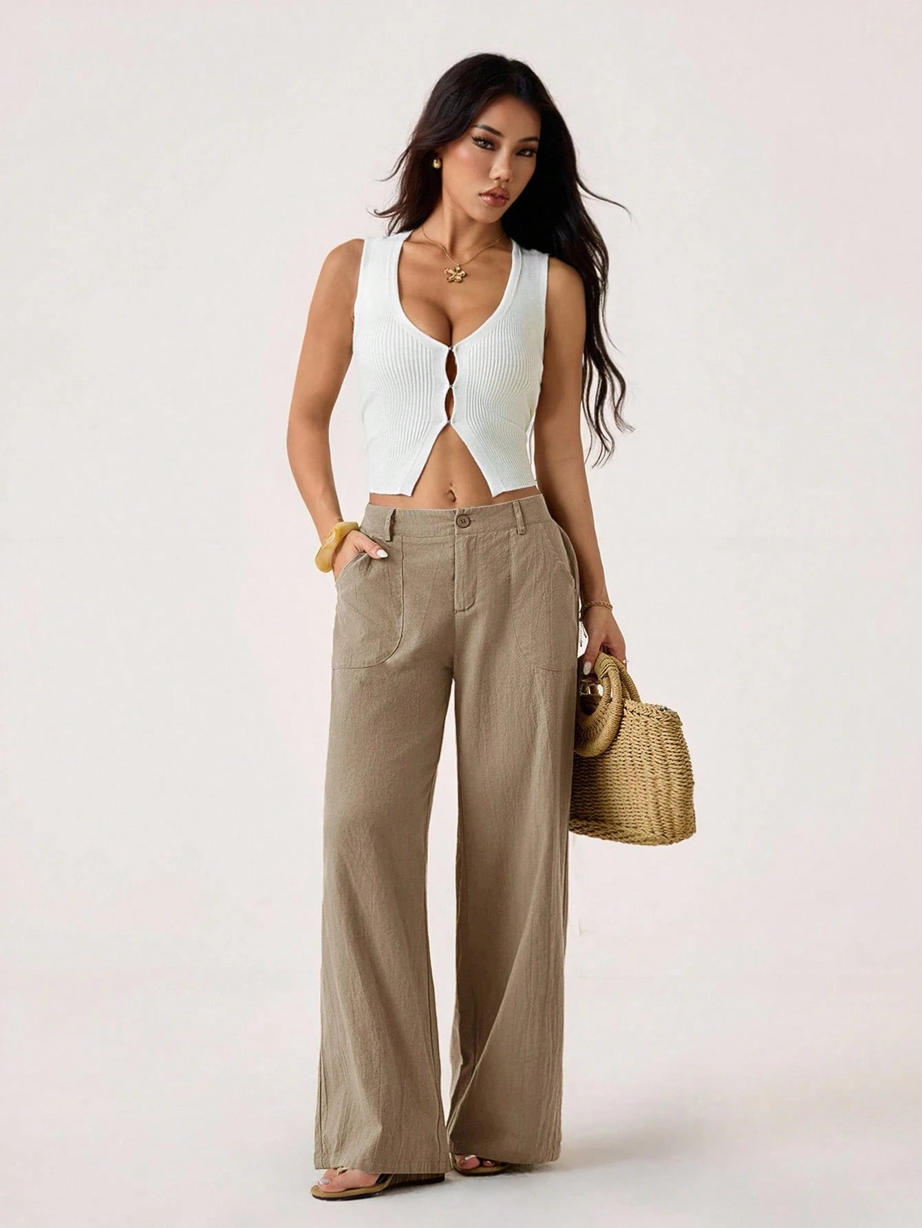 PETITE 100%Washed Cotton Low Waist Straight Pants Linen For Women Summer Wide Leg Fall, Clothes,Petite Women