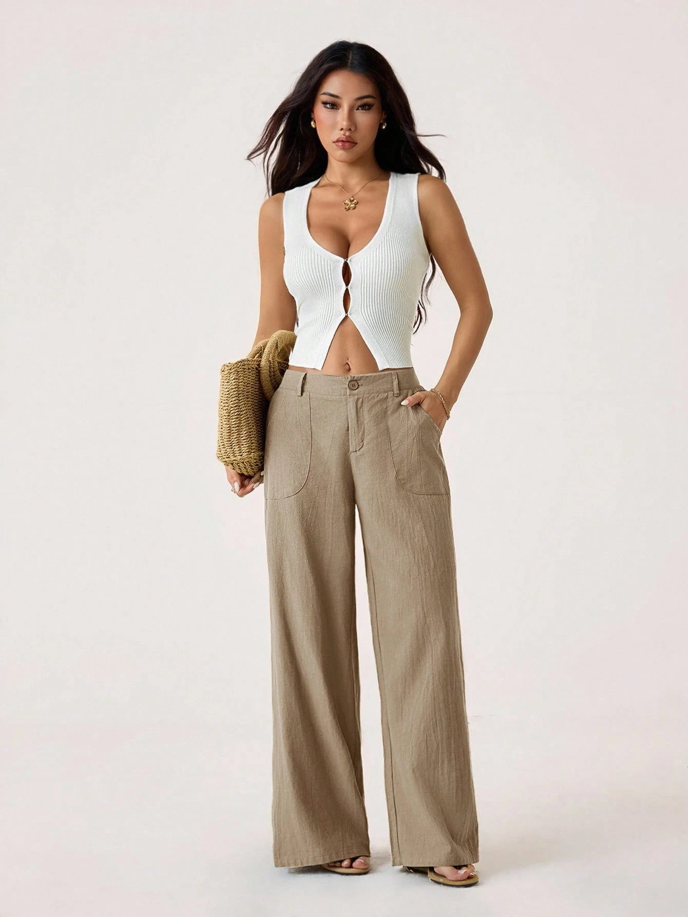 PETITE 100%Washed Cotton Low Waist Straight Pants Linen For Women Summer Wide Leg Fall, Clothes,Petite Women