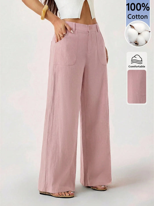 PETITE 100% Washed Cotton Low Waist Straight Pants,Petite Women