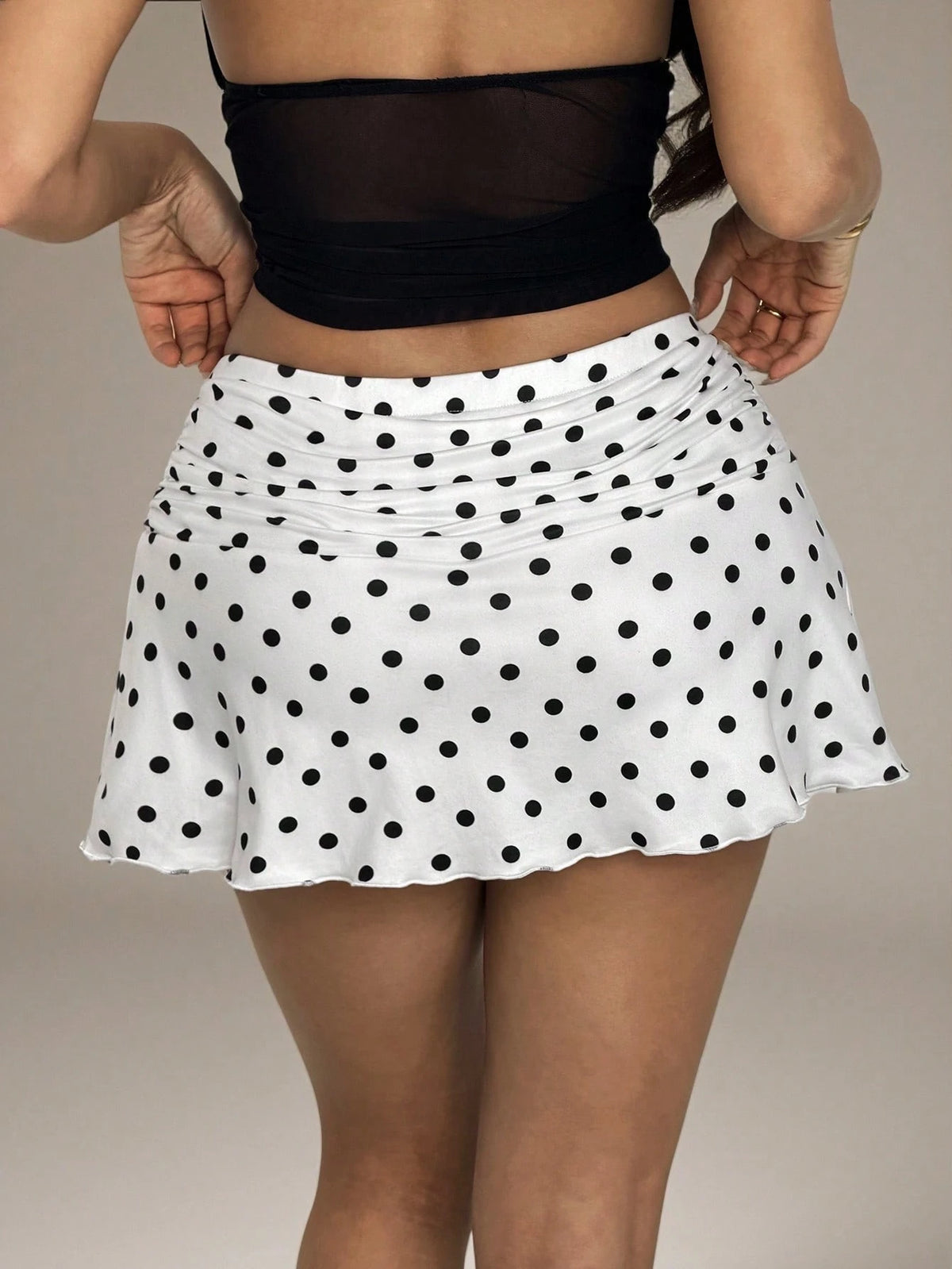 PETITE Autumn Polka Dot Ruched A-Line Mini Skirt,Petite Women Night Vacation White And Black Polka Dot Sexy