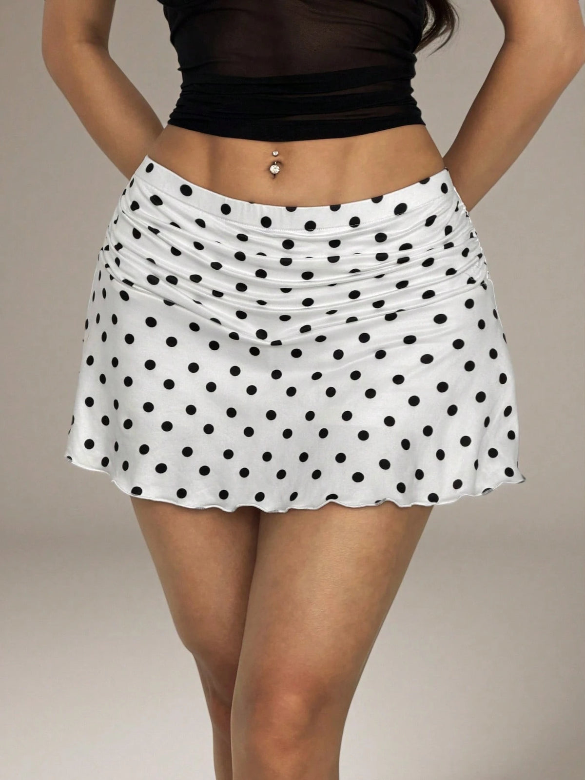 PETITE Autumn Polka Dot Ruched A-Line Mini Skirt,Petite Women Night Vacation White And Black Polka Dot Sexy