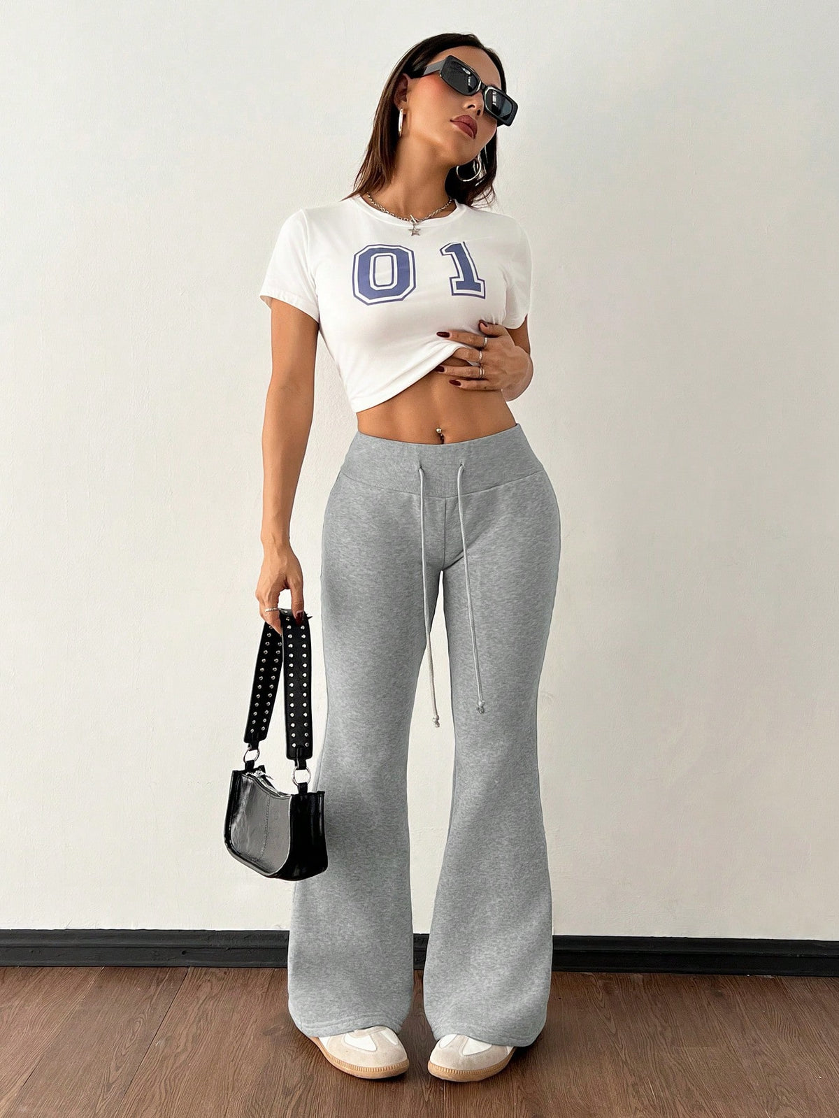 PETITE Casual Baggy Low-Waist Drawstring Elastic Sports Pants Flared Sweatpants Thermal Lined Composite Velvet Autumn Winter Petite Women Gym Workout Grey