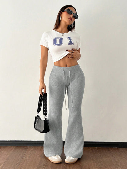 PETITE Casual Baggy Low-Waist Drawstring Elastic Sports Pants Flared Sweatpants Thermal Lined Composite Velvet Autumn Winter Petite Women Gym Workout Grey