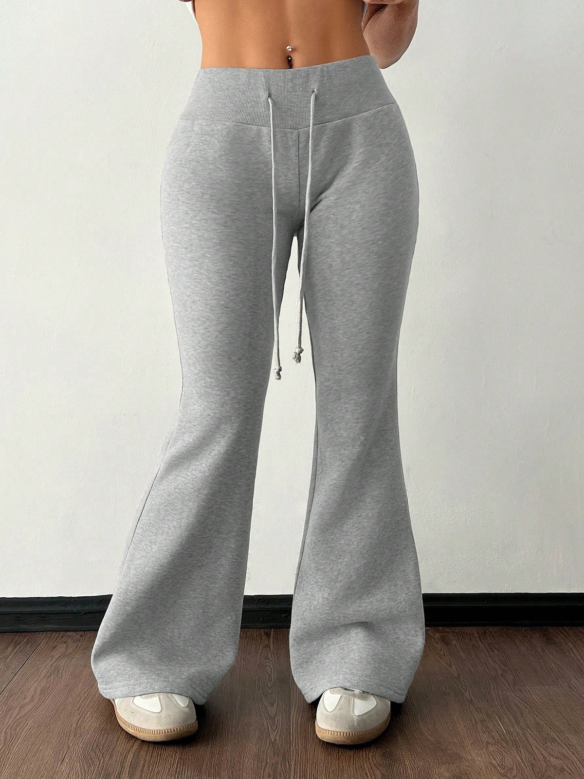 PETITE Casual Baggy Low-Waist Drawstring Elastic Sports Pants Flared Sweatpants Thermal Lined Composite Velvet Autumn Winter Petite Women Gym Workout Grey