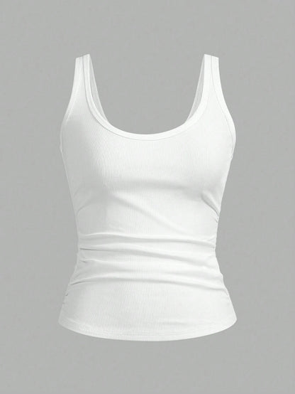 PETITE Casual Basic All-Match White Cami Top With Deep U-Neck And Racerback,Petite Women Everyday Daytime Daily Wear Summer