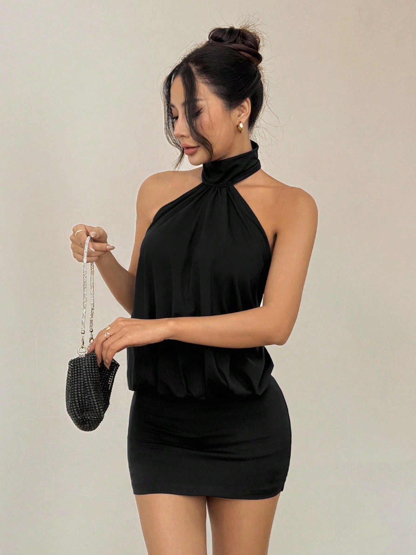 PETITE Elegant Sexy Sleeveless Black Mini Dress With Ruched Detail And Cold Shoulder Style Halter Neck Top Classy Party Club Night Out Petite Women Summer