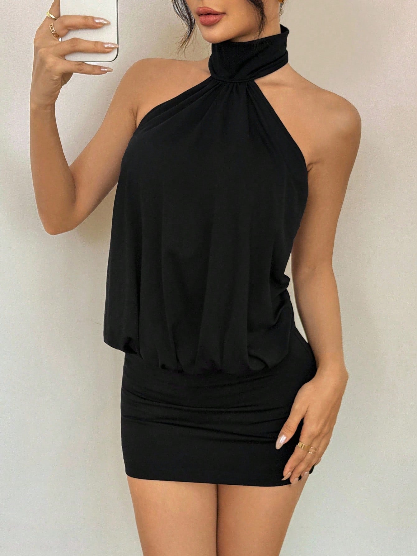 PETITE Elegant Sexy Sleeveless Black Mini Dress With Ruched Detail And Cold Shoulder Style Halter Neck Top Classy Party Club Night Out Petite Women Summer