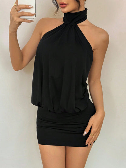 PETITE Elegant Sexy Sleeveless Black Mini Dress With Ruched Detail And Cold Shoulder Style Halter Neck Top Classy Party Club Night Out Petite Women Summer