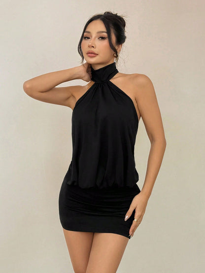 PETITE Elegant Sexy Sleeveless Black Mini Dress With Ruched Detail And Cold Shoulder Style Halter Neck Top Classy Party Club Night Out Petite Women Summer