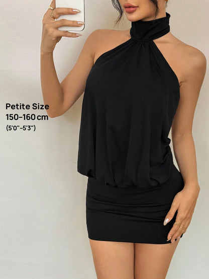 PETITE Elegant Sexy Sleeveless Black Mini Dress With Ruched Detail And Cold Shoulder Style Halter Neck Top Classy Party Club Night Out Petite Women Summer