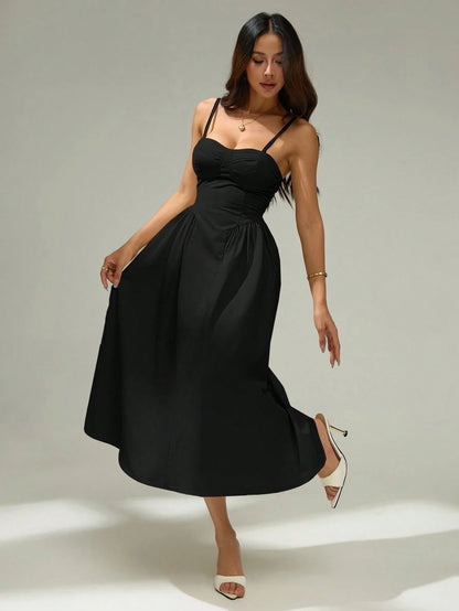 PETITE Elegant Solid Color Sleeveless Dress For Commuting, Summer Black Midi Dress,Elegant Dresses For Women,Petite Women