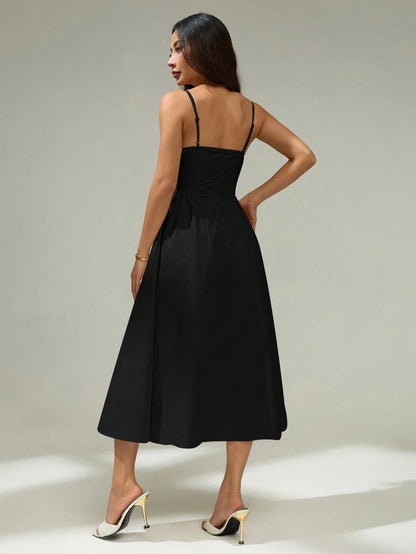 PETITE Elegant Solid Color Sleeveless Dress For Commuting, Summer Black Midi Dress,Elegant Dresses For Women,Petite Women