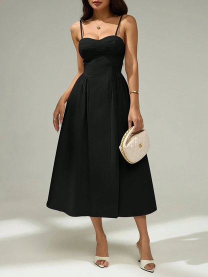 PETITE Elegant Solid Color Sleeveless Dress For Commuting, Summer Black Midi Dress,Elegant Dresses For Women,Petite Women