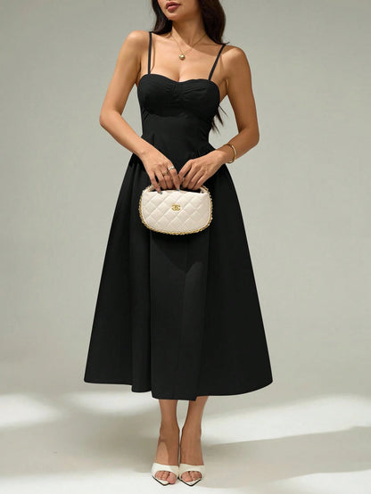 PETITE Elegant Solid Color Sleeveless Dress For Commuting, Summer Black Midi Dress,Elegant Dresses For Women,Petite Women