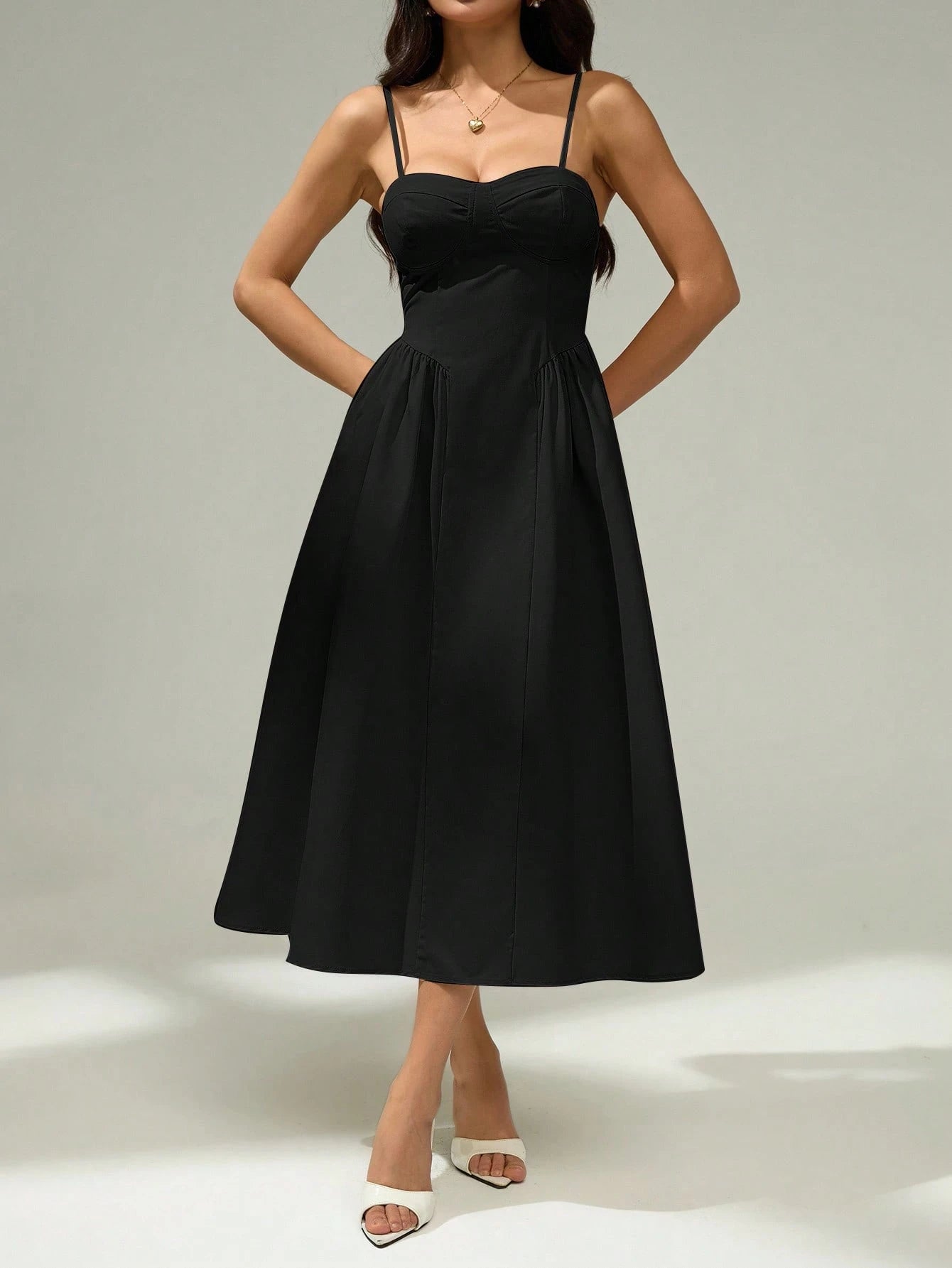 PETITE Elegant Solid Color Sleeveless Dress For Commuting, Summer Black Midi Dress,Elegant Dresses For Women,Petite Women