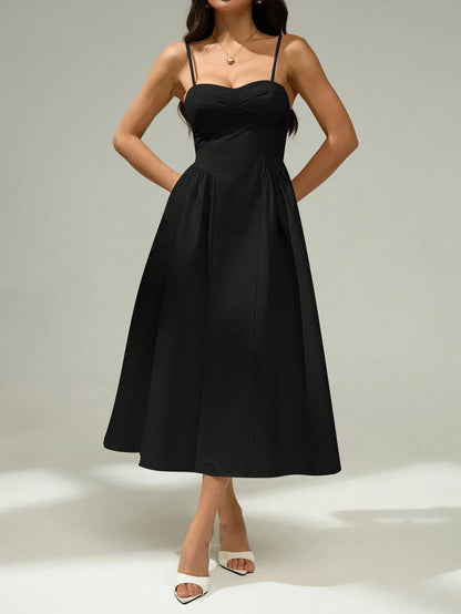 PETITE Elegant Solid Color Sleeveless Dress For Commuting, Summer Black Midi Dress,Elegant Dresses For Women,Petite Women