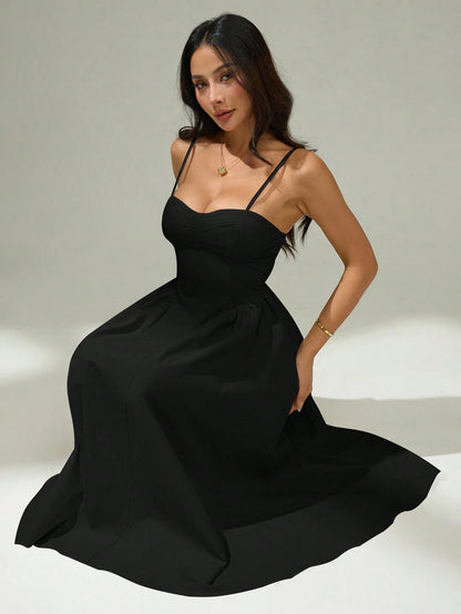 PETITE Elegant Solid Color Sleeveless Dress For Commuting, Summer Black Midi Dress,Elegant Dresses For Women,Petite Women