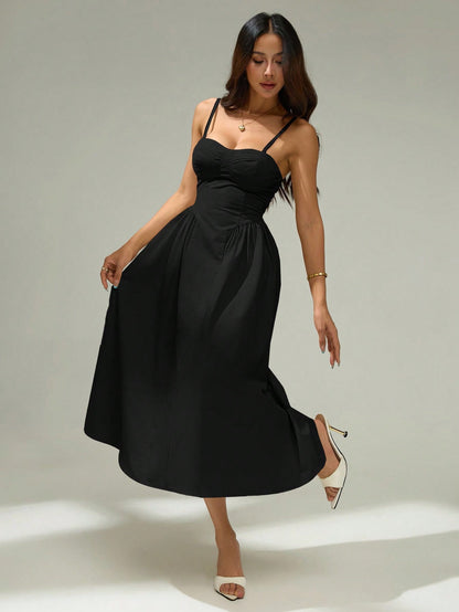PETITE Elegant Solid Color Sleeveless Dress For Commuting, Summer Black Midi Dress,Elegant Dresses For Women,Petite Women