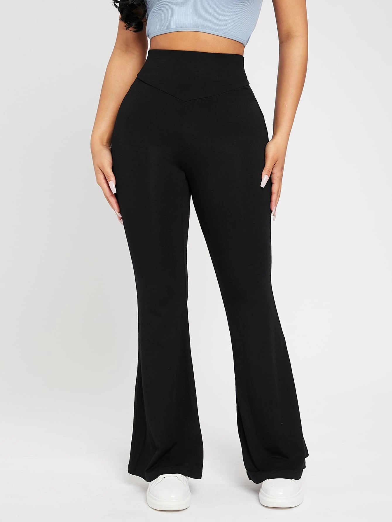 PETITE High Waist Flare Leg Black Pants,Petite Women