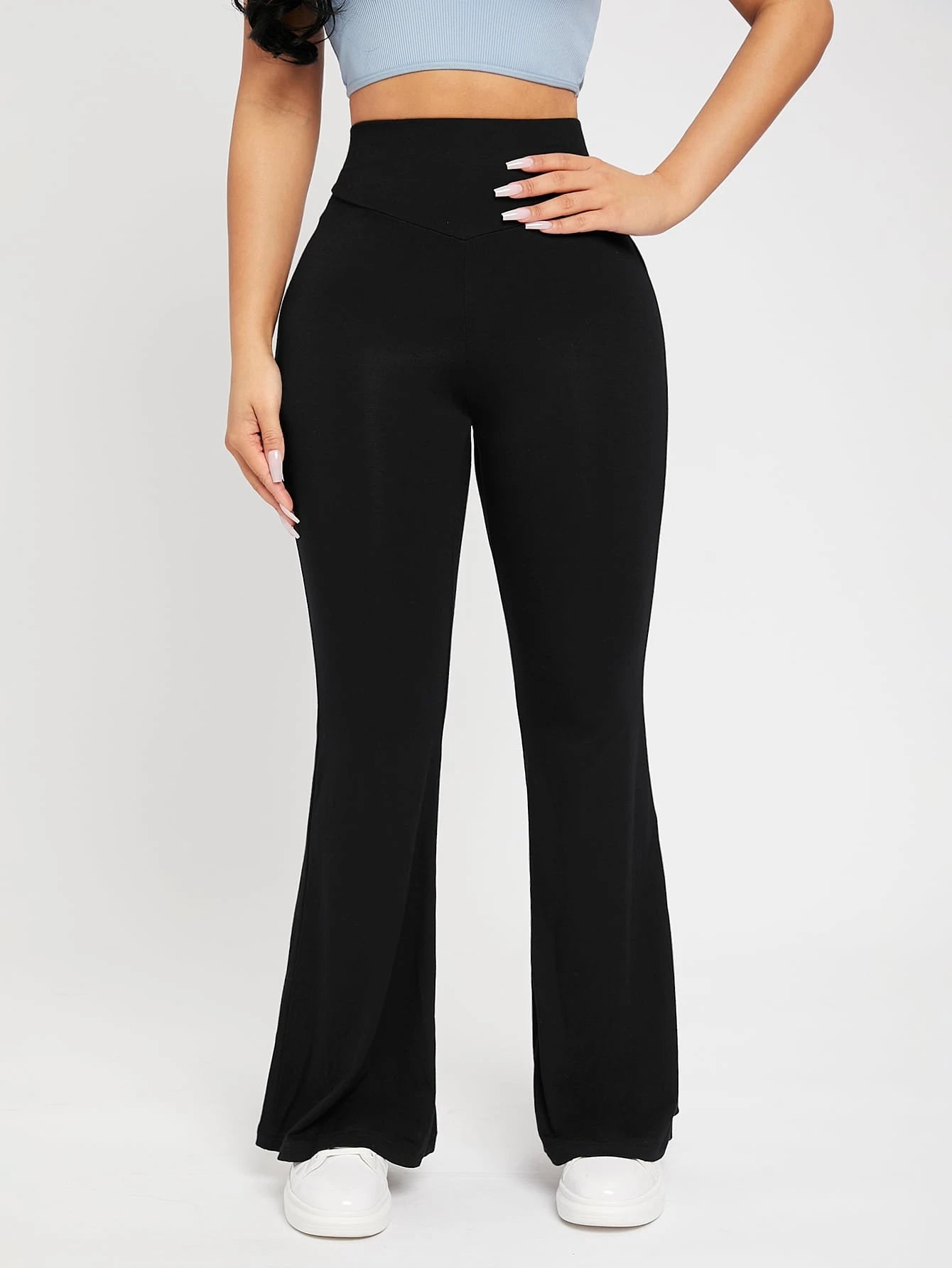 PETITE High Waist Flare Leg Black Pants,Petite Women