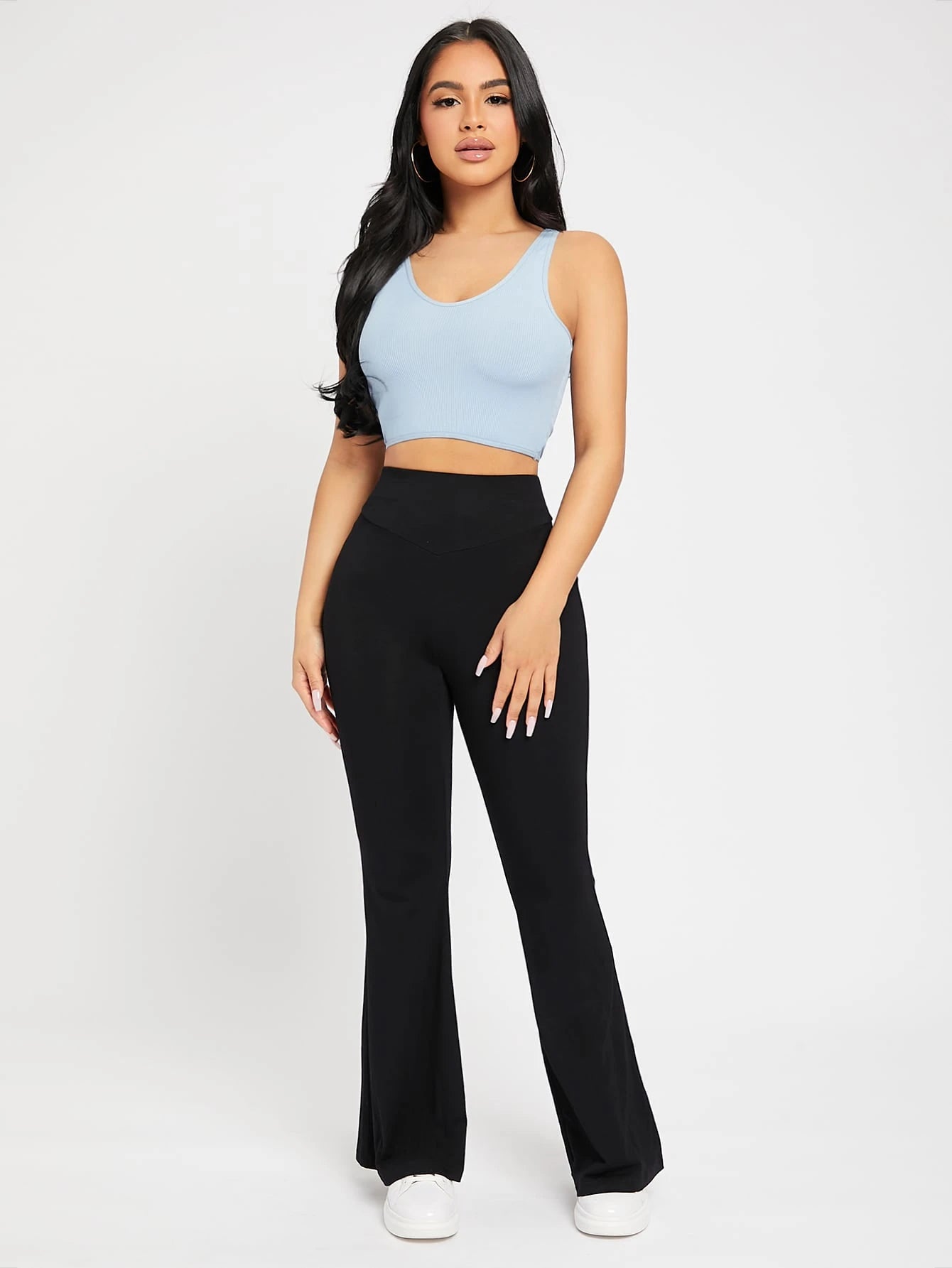 PETITE High Waist Flare Leg Black Pants,Petite Women
