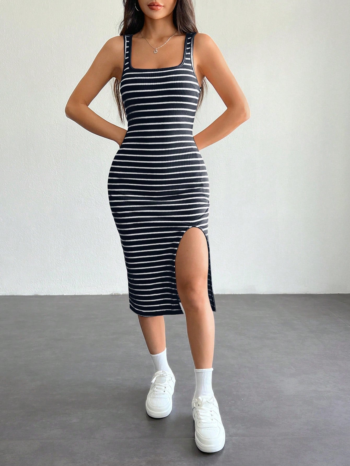 PETITE Summer Women's Casual Basic Tank Top Striped Split Dress,Vacation Outfits Women,Petite Women