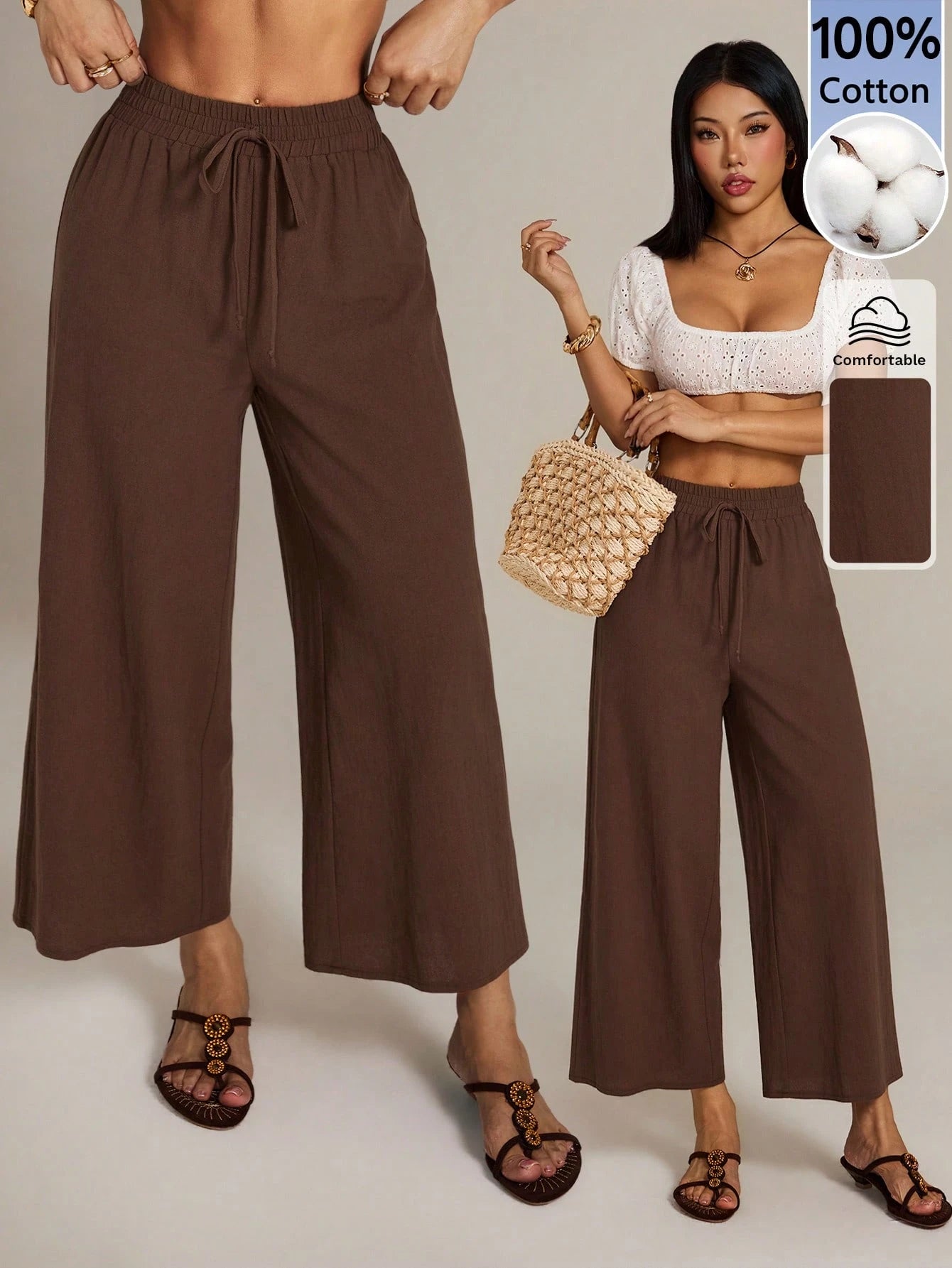 PETITE Women's 100 Cotton Linen Blend Wide Leg Pants,Espresso Brown,Autumn,Casual,Vacation,Holiday,Elastic Waist Ankle Loose Pants,Back To School Uniform