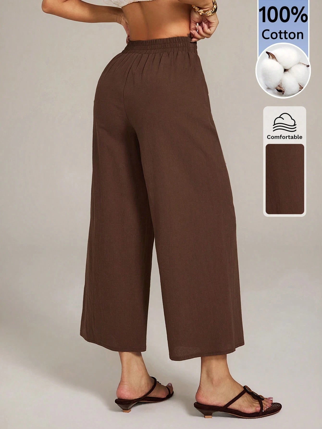 PETITE Women's 100 Cotton Linen Blend Wide Leg Pants,Espresso Brown,Autumn,Casual,Vacation,Holiday,Elastic Waist Ankle Loose Pants,Back To School Uniform