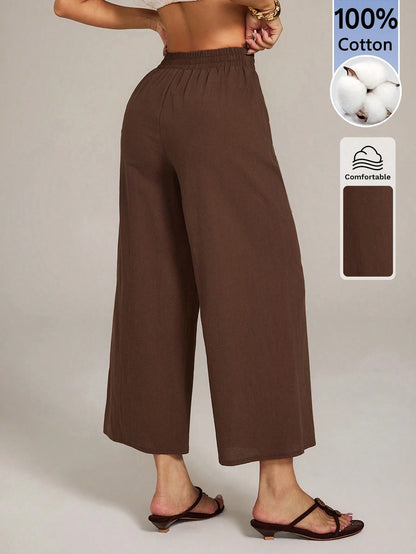 PETITE Women's 100 Cotton Linen Blend Wide Leg Pants,Espresso Brown,Autumn,Casual,Vacation,Holiday,Elastic Waist Ankle Loose Pants,Back To School Uniform
