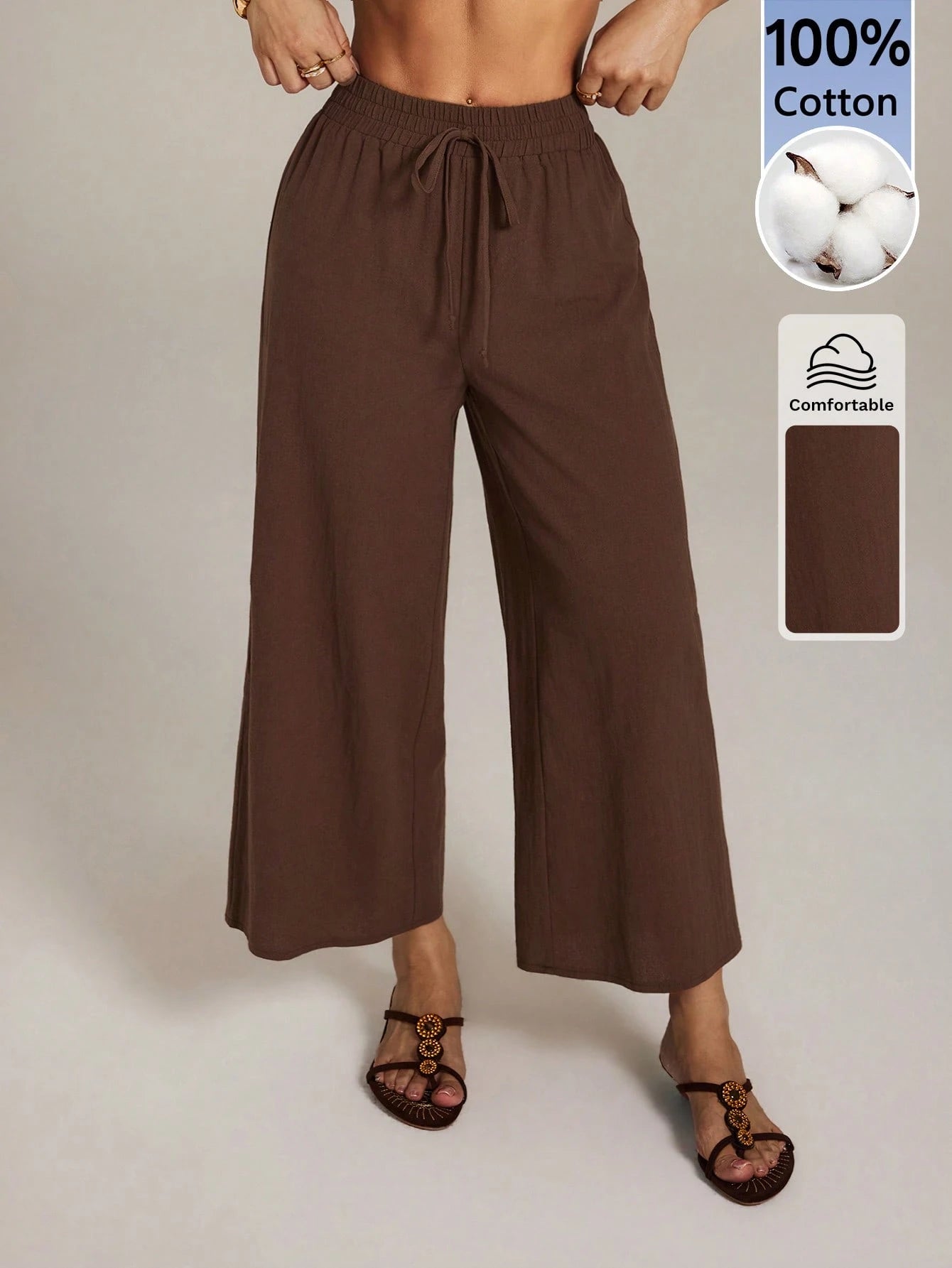 PETITE Women's 100 Cotton Linen Blend Wide Leg Pants,Espresso Brown,Autumn,Casual,Vacation,Holiday,Elastic Waist Ankle Loose Pants,Back To School Uniform