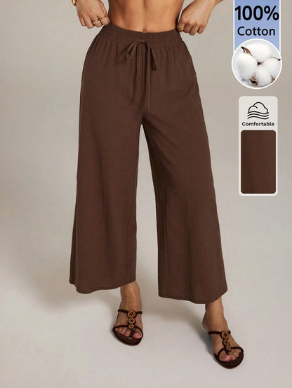PETITE Women's 100 Cotton Linen Blend Wide Leg Pants,Espresso Brown,Autumn,Casual,Vacation,Holiday,Elastic Waist Ankle Loose Pants,Back To School Uniform