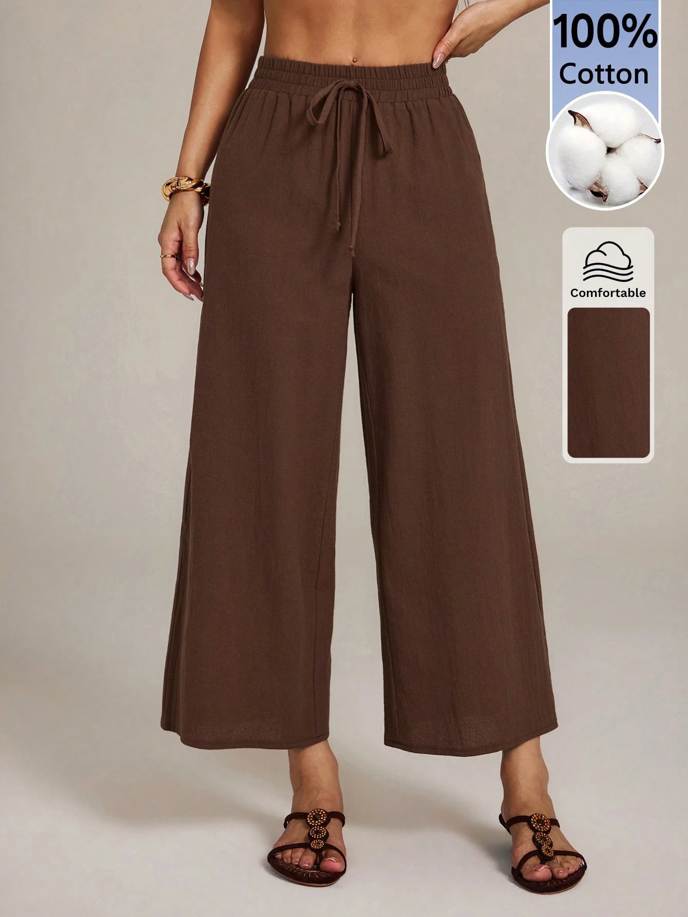 PETITE Women's 100 Cotton Linen Blend Wide Leg Pants,Espresso Brown,Autumn,Casual,Vacation,Holiday,Elastic Waist Ankle Loose Pants,Back To School Uniform