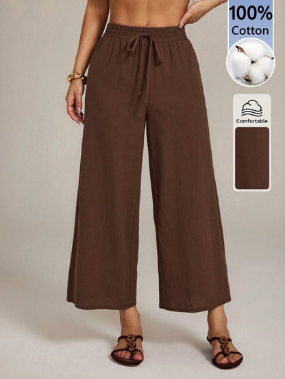 PETITE Women's 100 Cotton Linen Blend Wide Leg Pants,Espresso Brown,Autumn,Casual,Vacation,Holiday,Elastic Waist Ankle Loose Pants,Back To School Uniform