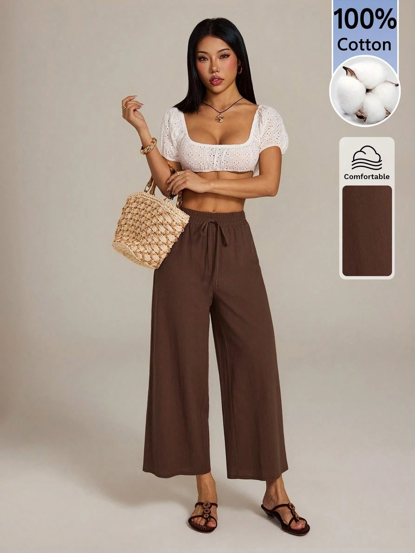 PETITE Women's 100 Cotton Linen Blend Wide Leg Pants,Espresso Brown,Autumn,Casual,Vacation,Holiday,Elastic Waist Ankle Loose Pants,Back To School Uniform